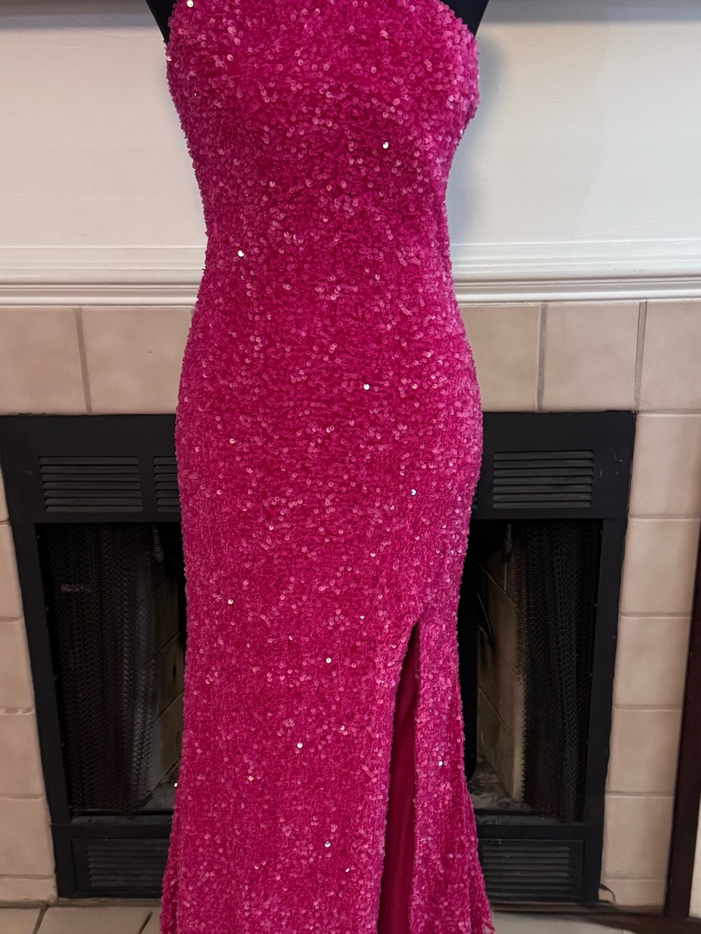 Pink Velvet and Sequin One Shoulder Evening Gown